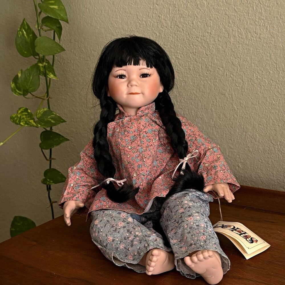 Little Lotus 16 in Porcelain Doll Braided Hair Brown Eyes Floral Outfit